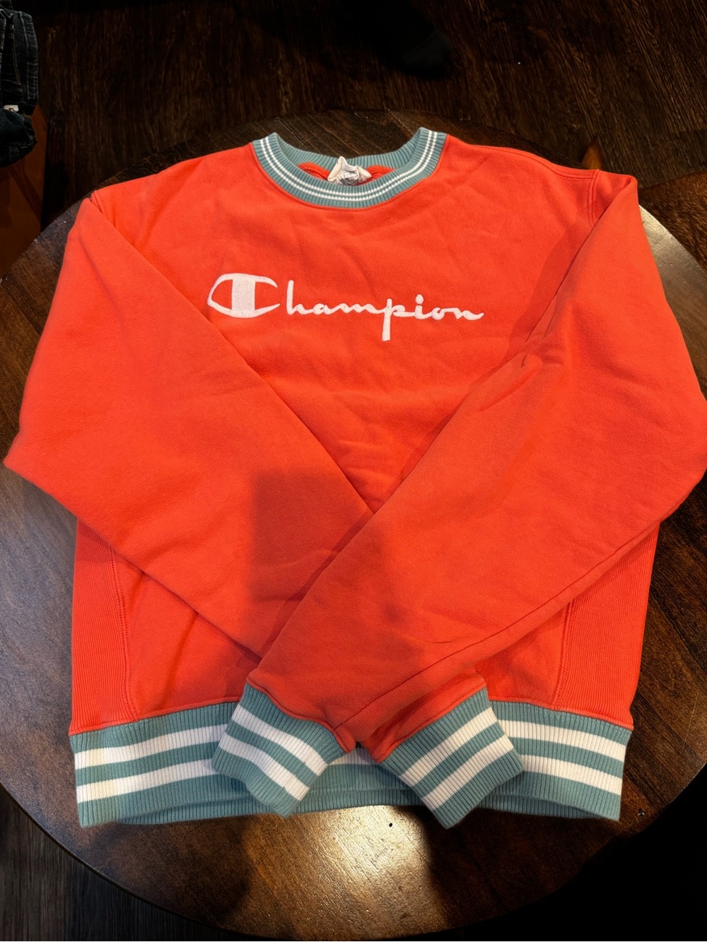 Champion Women’s Coral-Red Crewneck Sweatshirt with Teal Trim